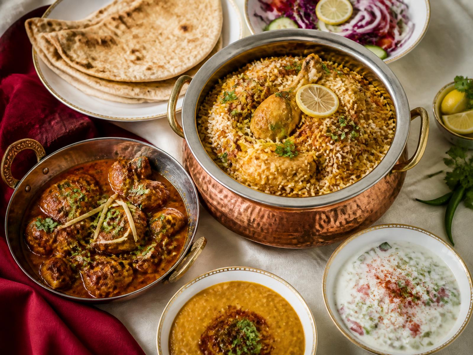 Homemade Pakistani food spread with chicken biryani, karahi, daal, roti, salad and raita